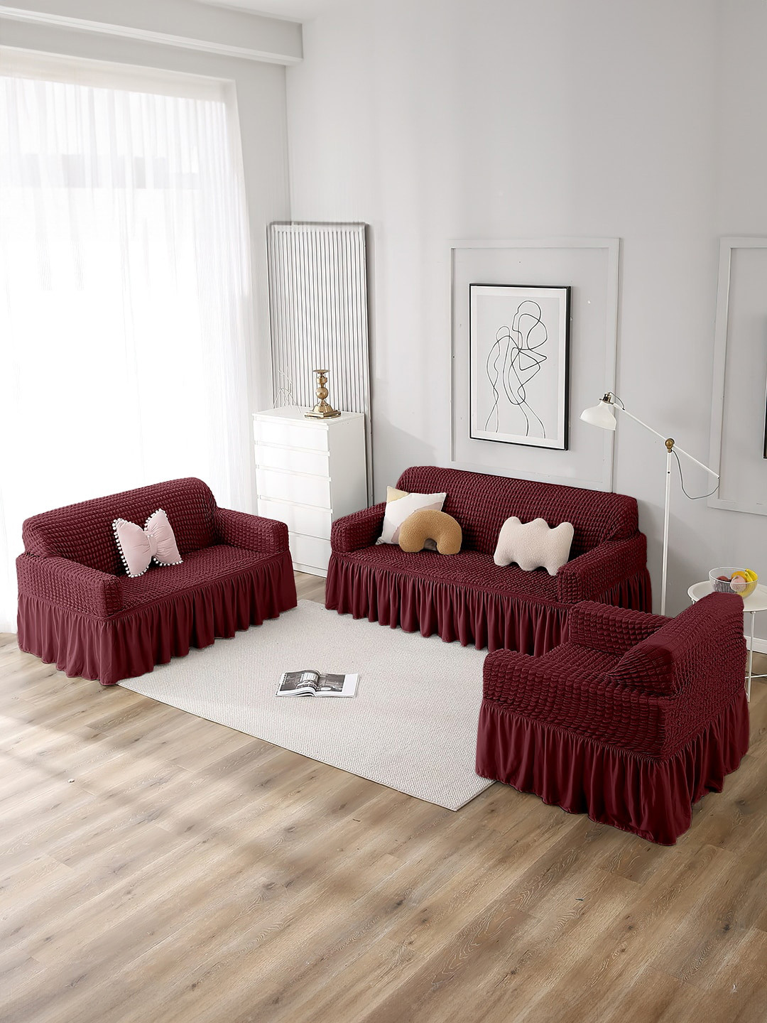 Cortina Maroon 3 Pieces Self Design One & Three Seater Skirt Sofa Covers