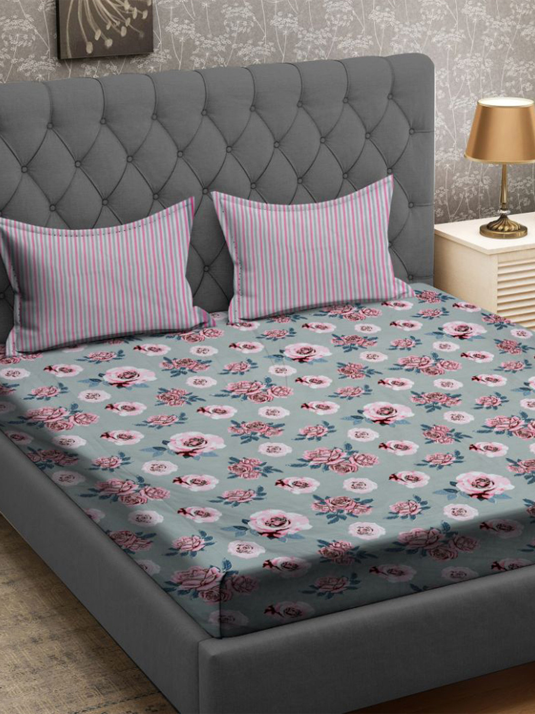 RRC Grey Floral Microfiber 160 TC King Bedsheet with 2 Pillow Covers-100 x 108 inches