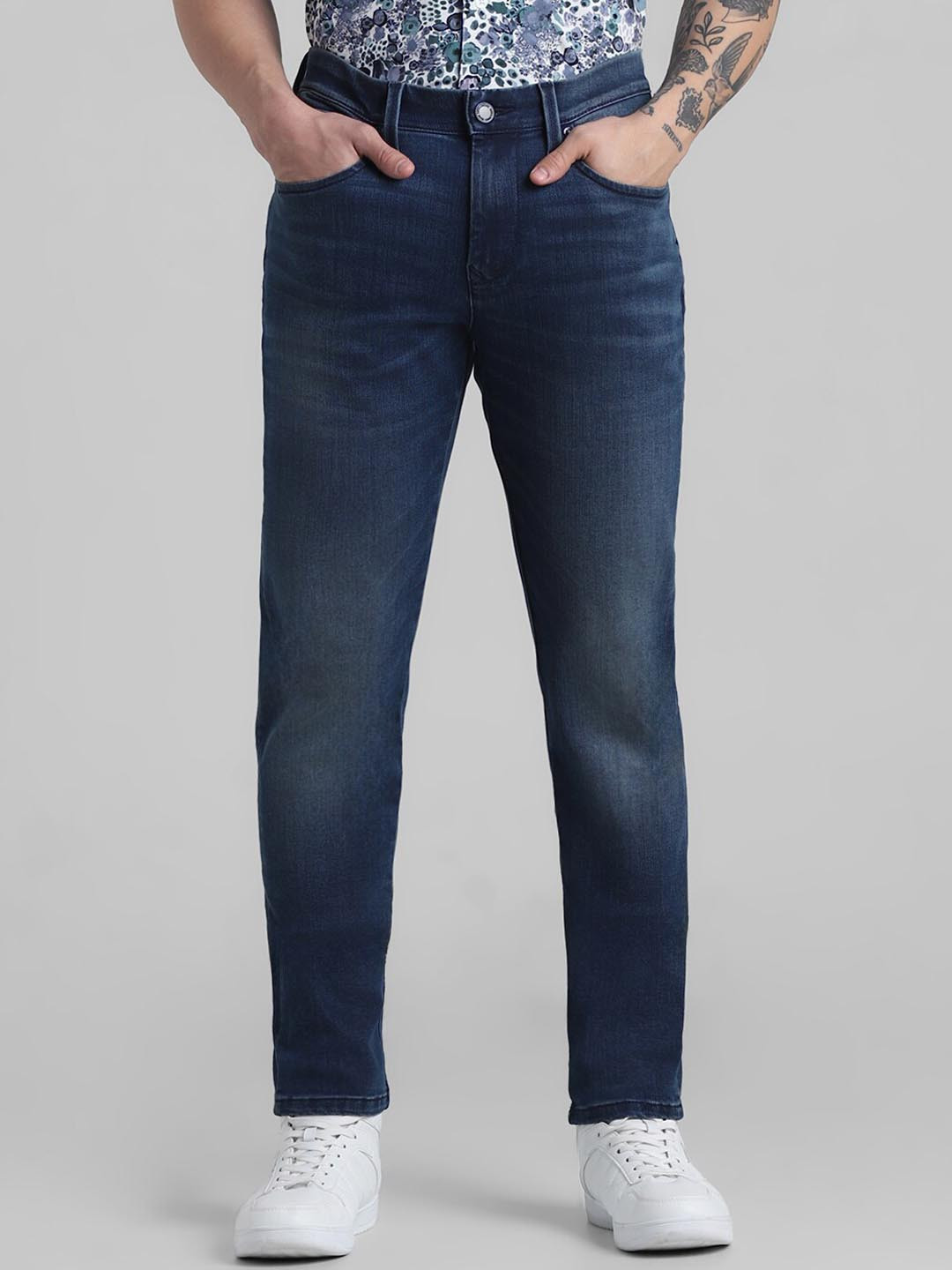 Jack & Jones Men Slim Fit Low-Rise Heavy Fade Clean Look Stretchable Jeans