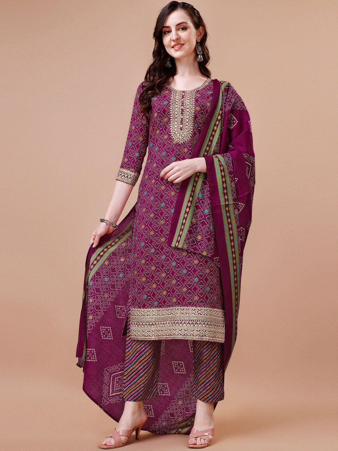 Seerat Bandhani Printed Thread Work Pure Cotton Kurta With Trousers & Dupatta