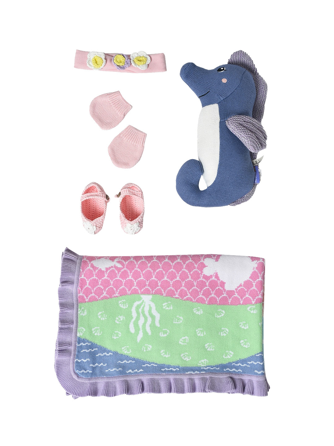 MiArcus 100% Cotton Gift Set for Girl - Pk of 5 Blanket,Toy,Headb&, Mittens & Booties