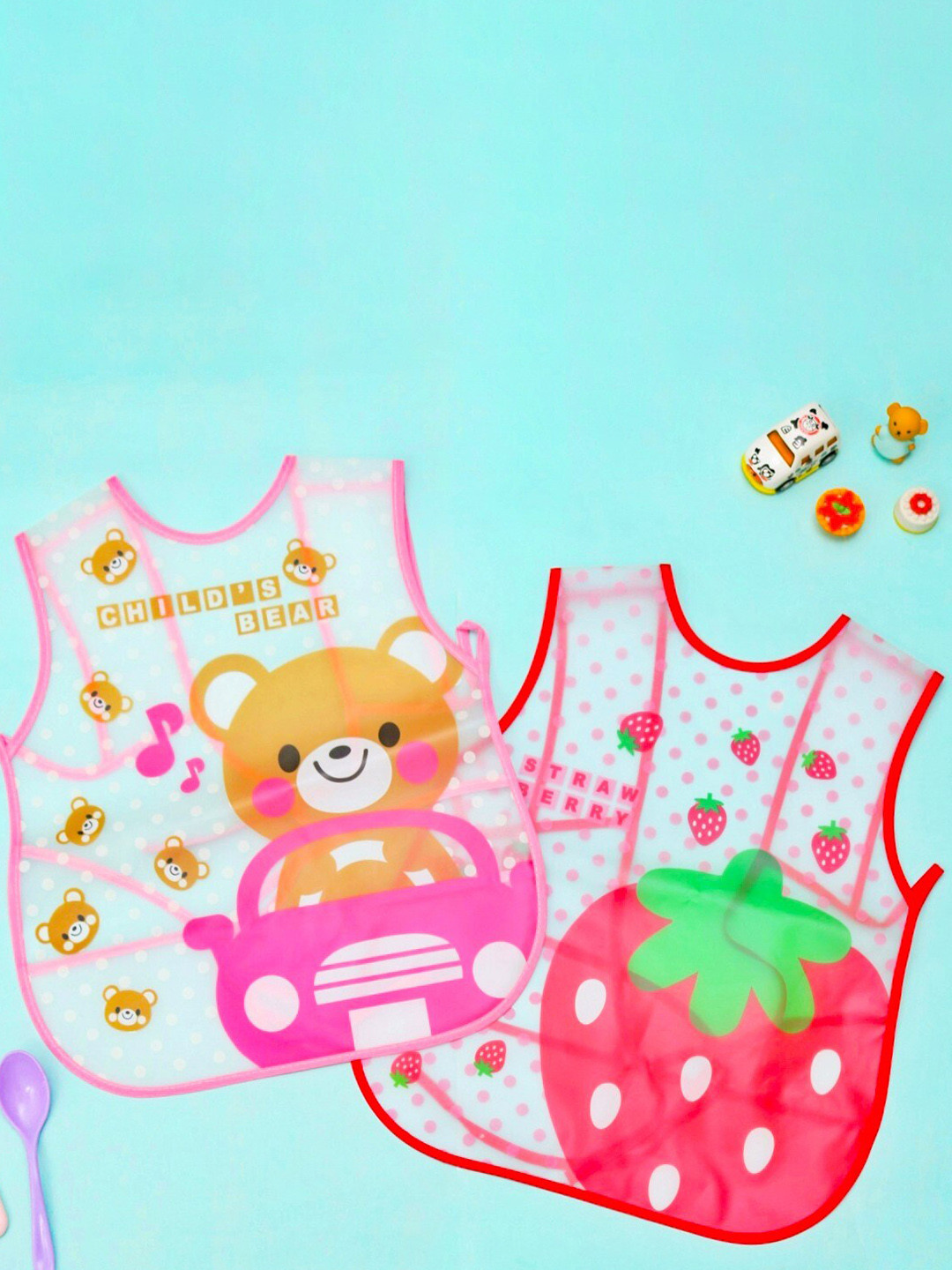 Yellow Bee Infant Girls Pack Of 2 Strawberry & Teddy Printed Water Proof & Stain Free Bibs
