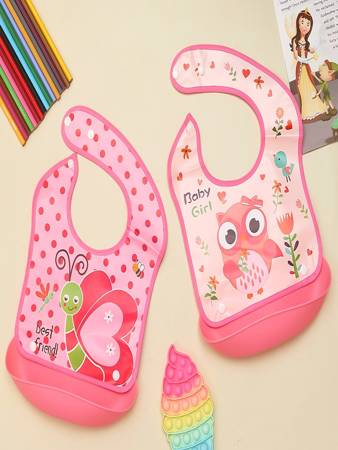 Yellow Bee Infant Girls Pack Of 2 Printed Water Proof & Stain Free Bibs With Crumb Catcher