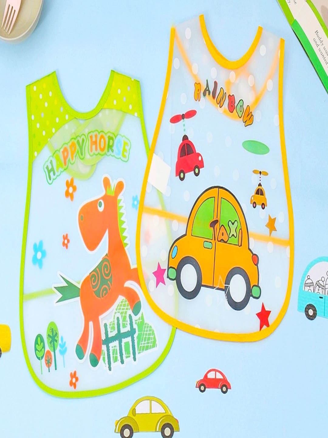 Yellow Bee Boys Pack Of 2 Car And Giraffe Printed Water Proof & Stain Free Bibs
