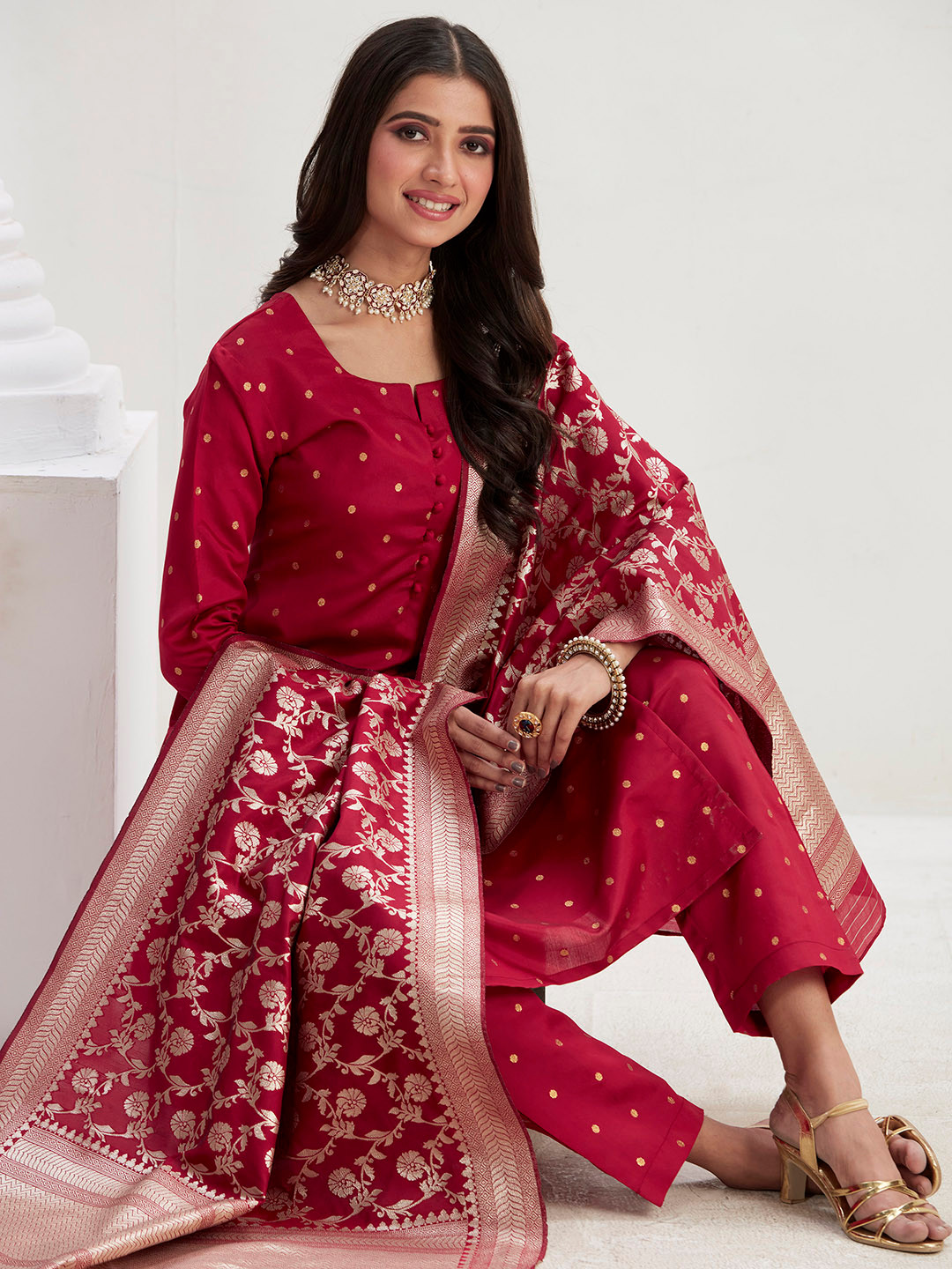 Sangria Maroon Geometric Printed Straight Kurta With Trousers And Dupatta