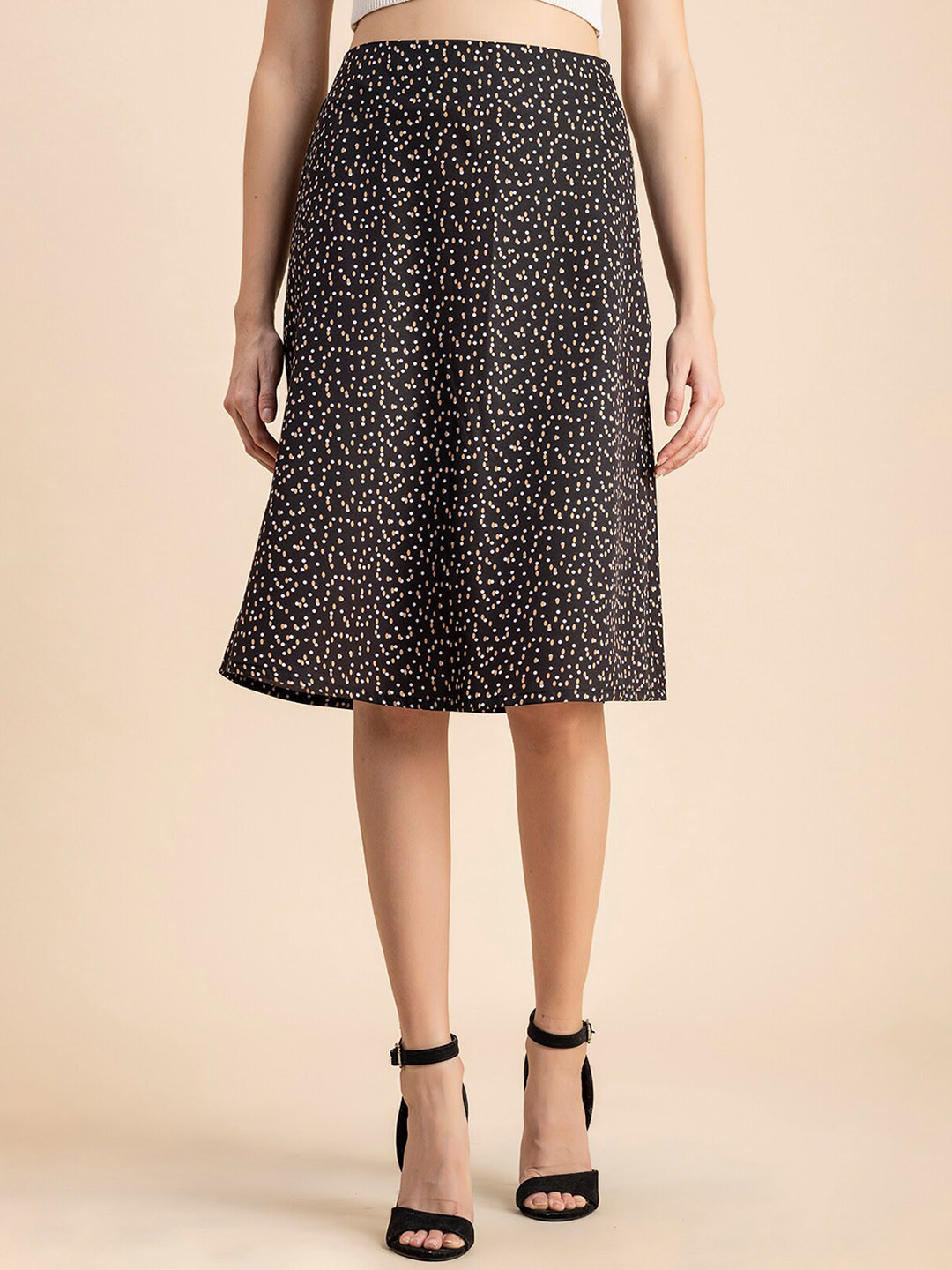 Moomaya Polka Dot Printed Crepe A-Line Skirt