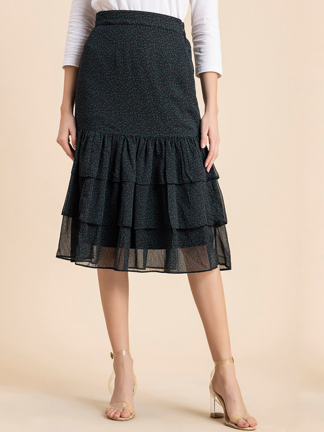 Moomaya Women Floral Printed Flared Midi Tiered Skirt