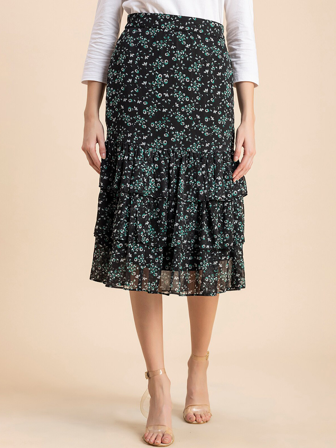 Moomaya Women Floral Printed Tiered Midi Skirts