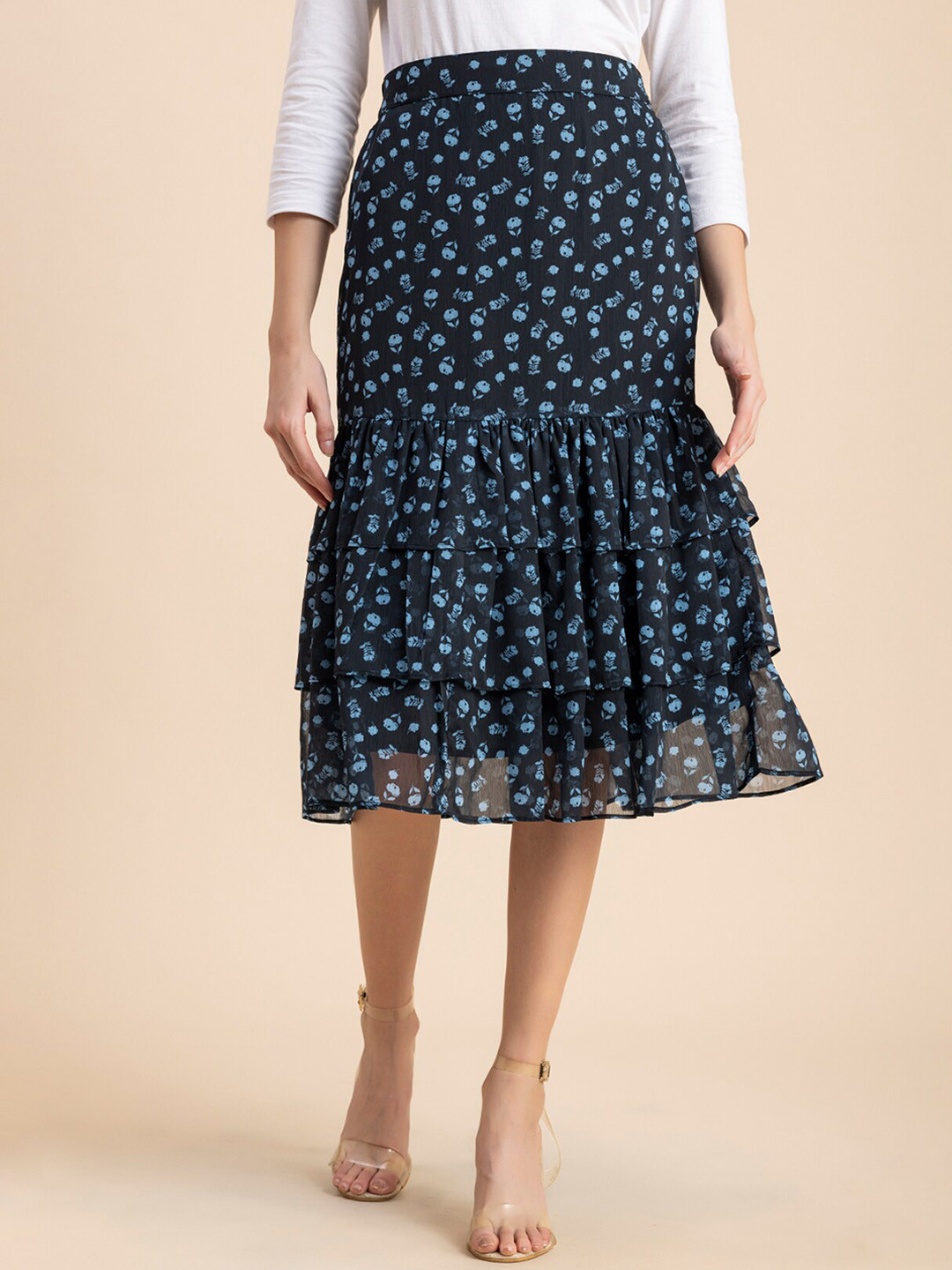 Moomaya Floral Printed Chiffon Midi Tiered Skirt