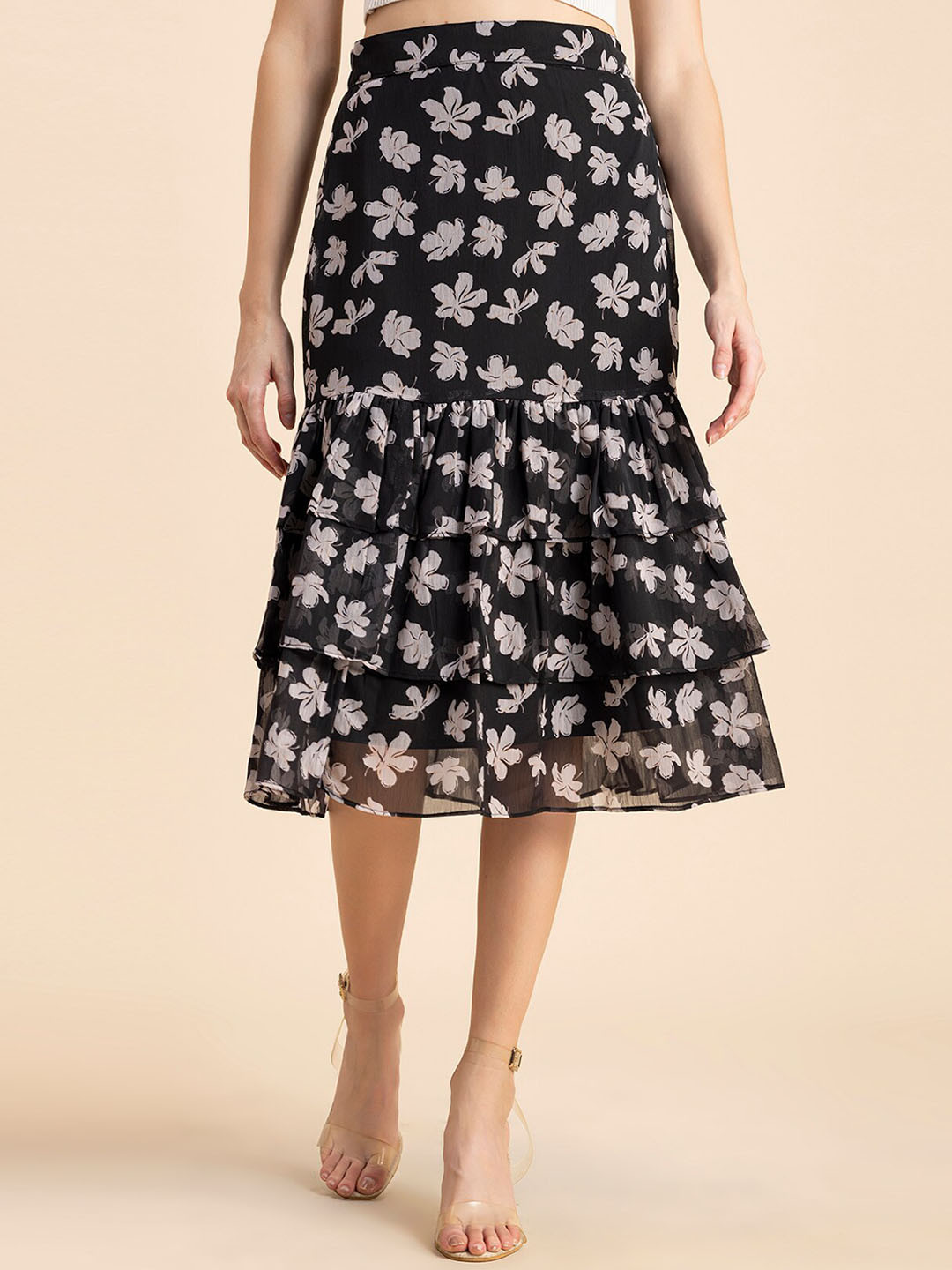 Moomaya Floral Printed Tiered Chiffon Midi Skirt