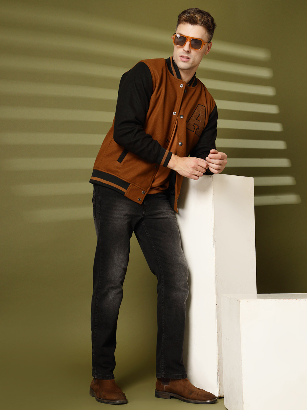 CHKOKKO Checked Brown Colourblocked Woollen Lightweight Outdoor Varsity Crop Jacket