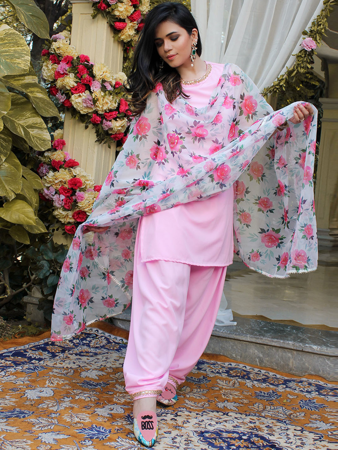 Thread & Button Beads and Stones Kurta with Patiala & Dupatta