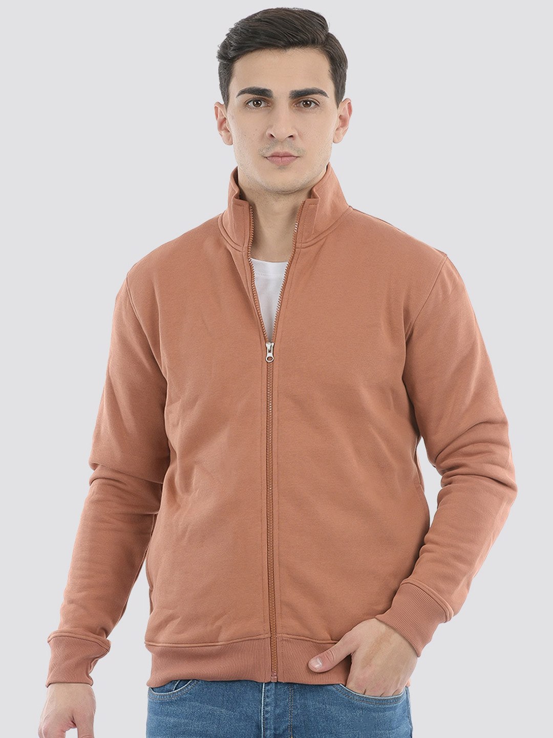 ONEWAY Men Solid Mock Collar Cotton Front-Open Sweatshirt