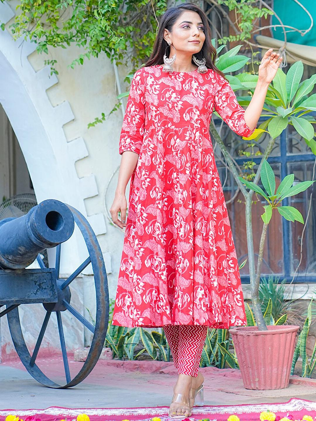 GULAB CHAND TRENDS Floral Printed Anarkali Pure Cotton Kurta With Trousers & Dupatta