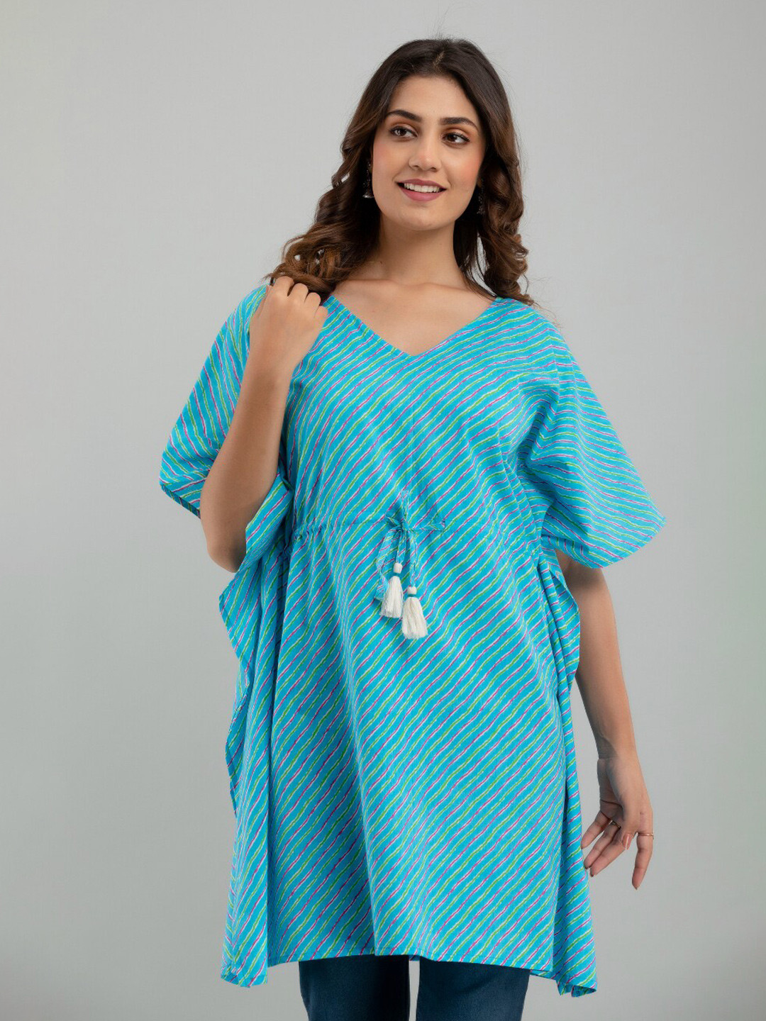 FrionKandy Turquoise Blue Print Kimono Sleeve Cotton Empire Top