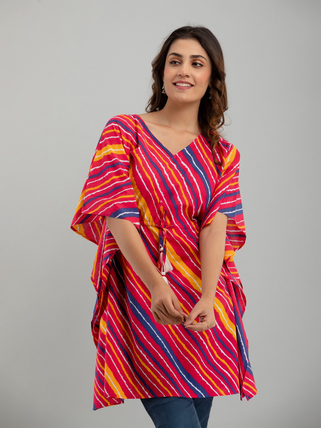 FrionKandy Multicoloured Striped Kimono Sleeve Cotton Kaftan Longline Top