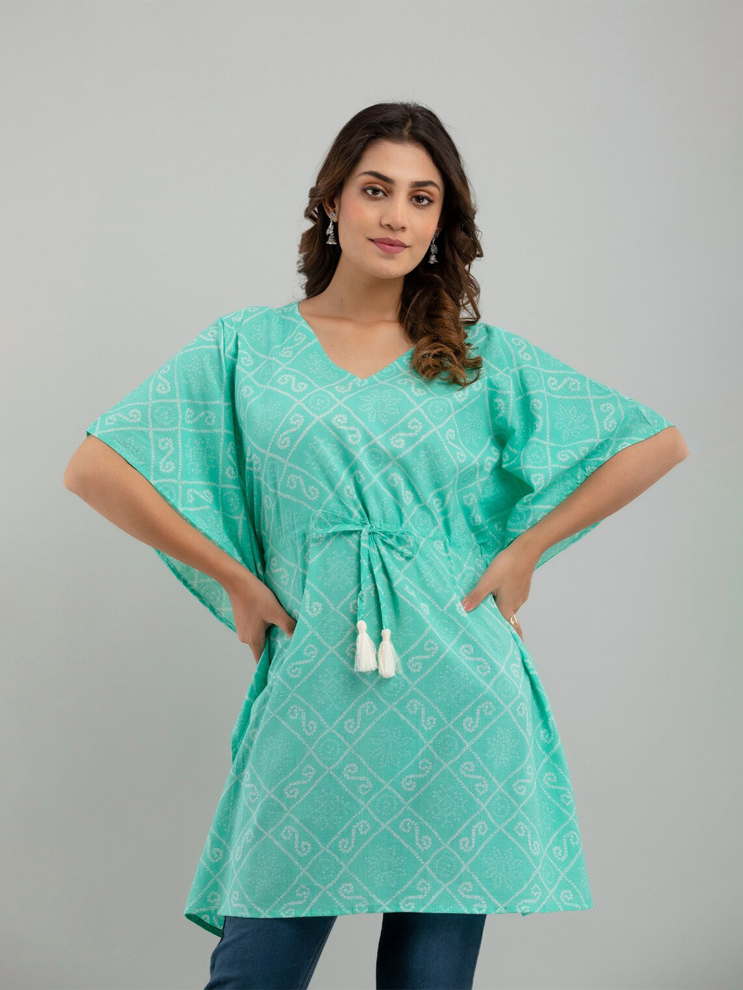 FrionKandy Teal Cotton Cinched Waist Longline Top