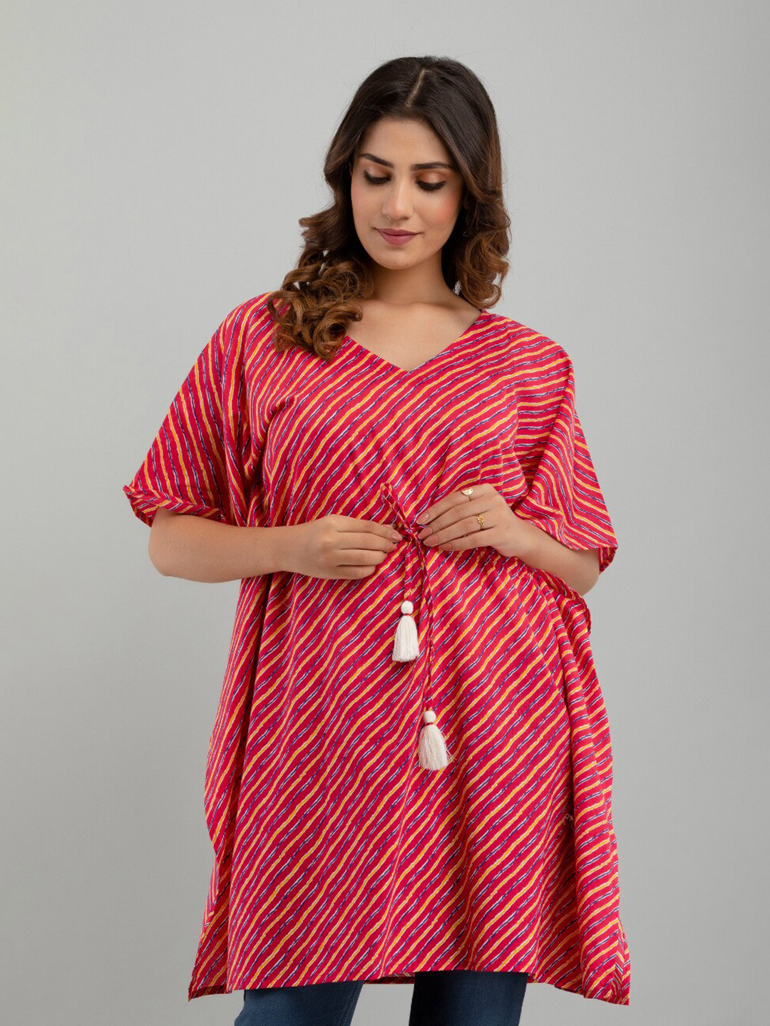 FrionKandy Pink Print Kimono Sleeve Cotton Kaftan Longline Top