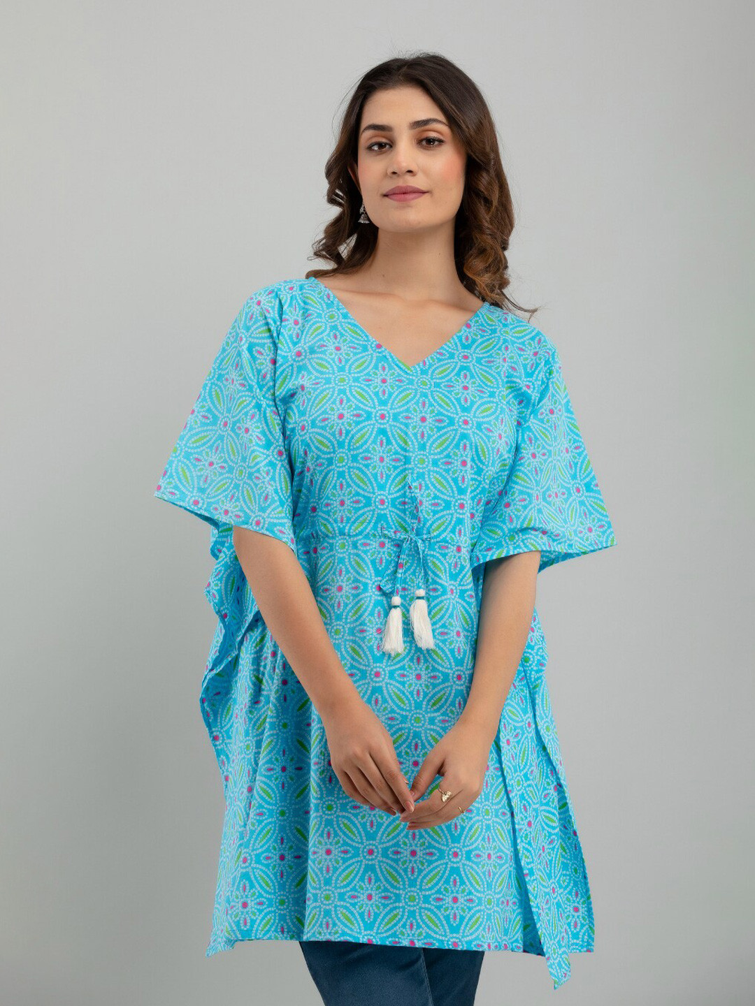 FrionKandy Turquoise Blue Cotton Kaftan Longline Top
