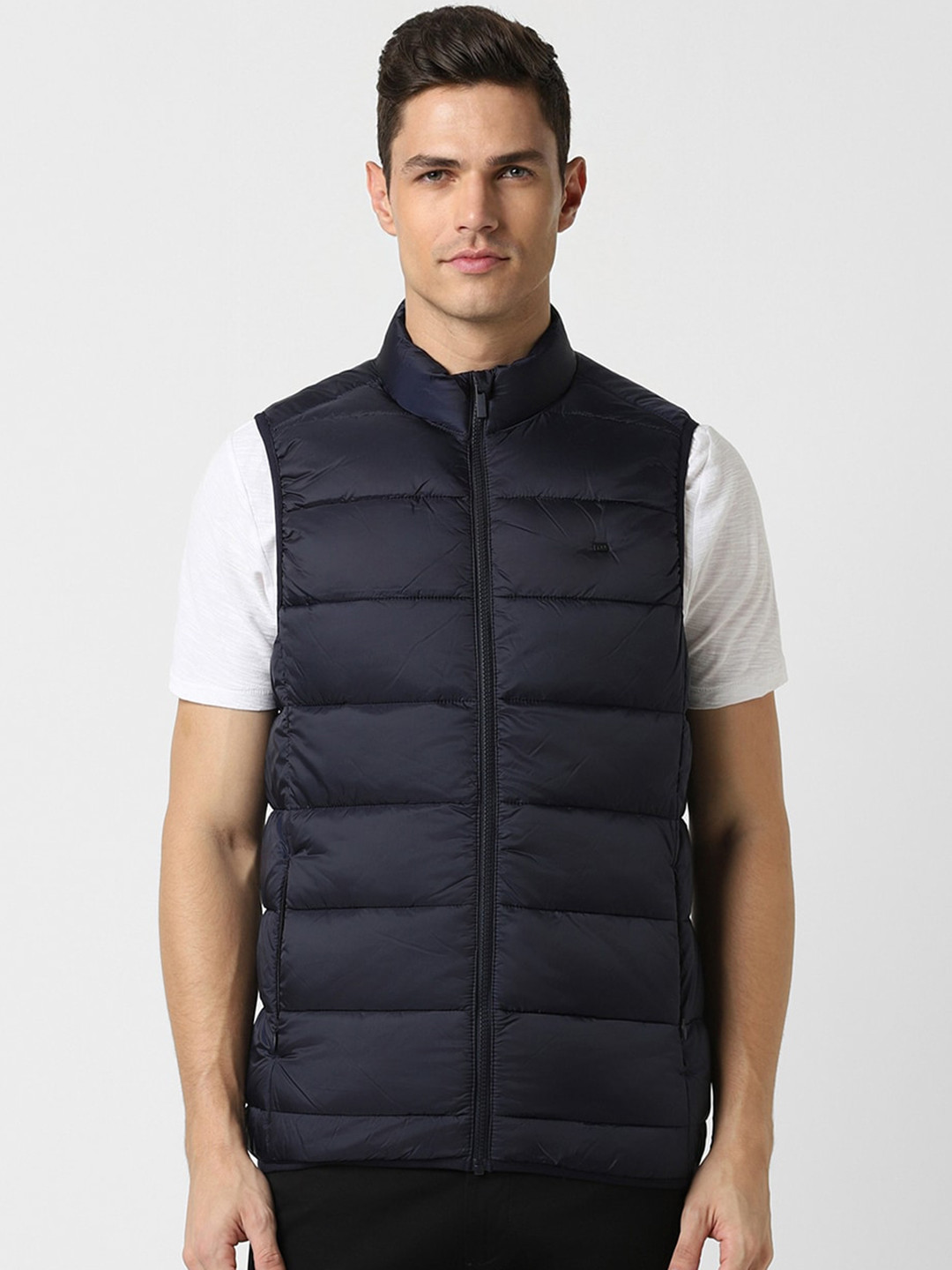 Peter England Casuals Men Navy Blue Puffer Jacket with Embroidered