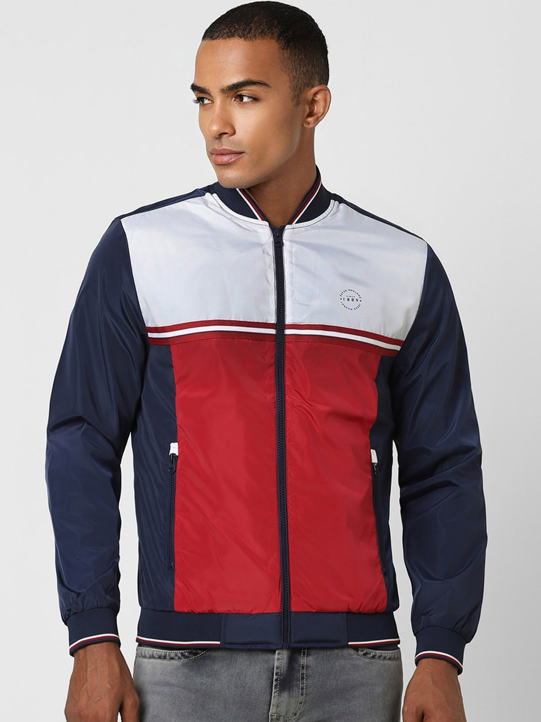 Peter England Casuals Men Navy Blue Colourblocked Crop Bomber Jacket