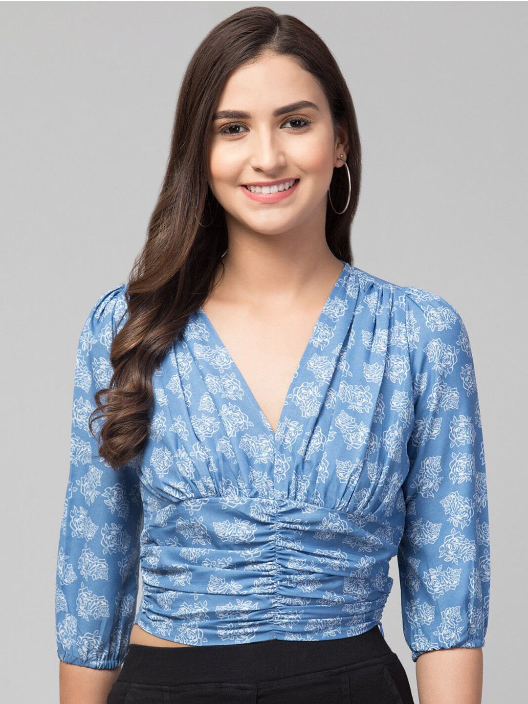 Chemistry Blue Floral Print Wrap Crop Top