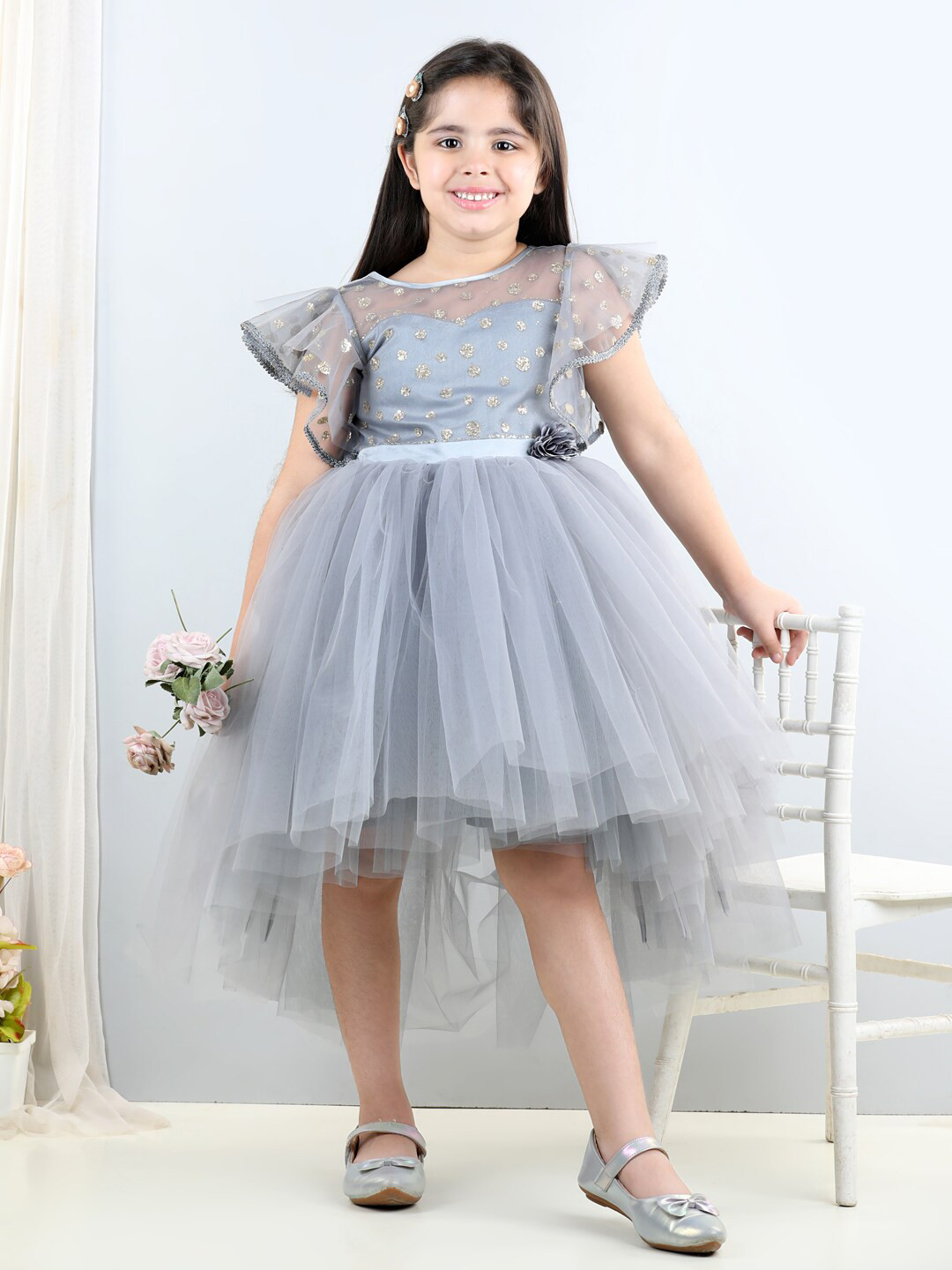 Toy Balloon kids Grey Flutter Sleeve Net Fit & Flare Dress