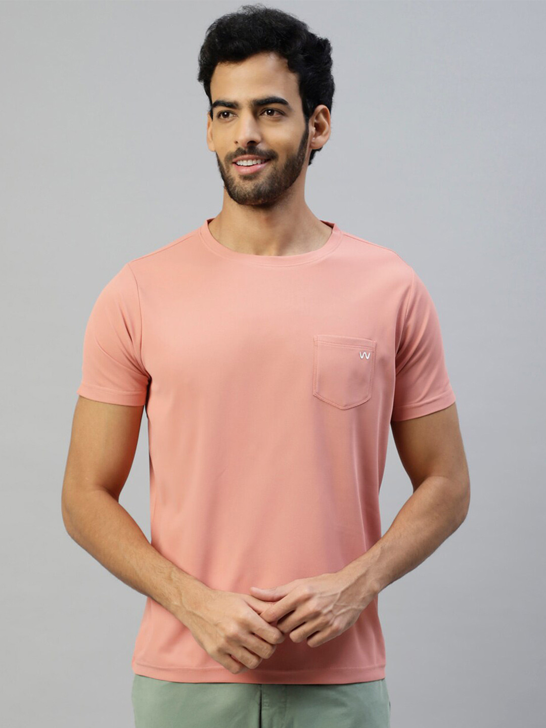 Slowave Men Peach-Coloured Pockets Slim Fit T-shirt