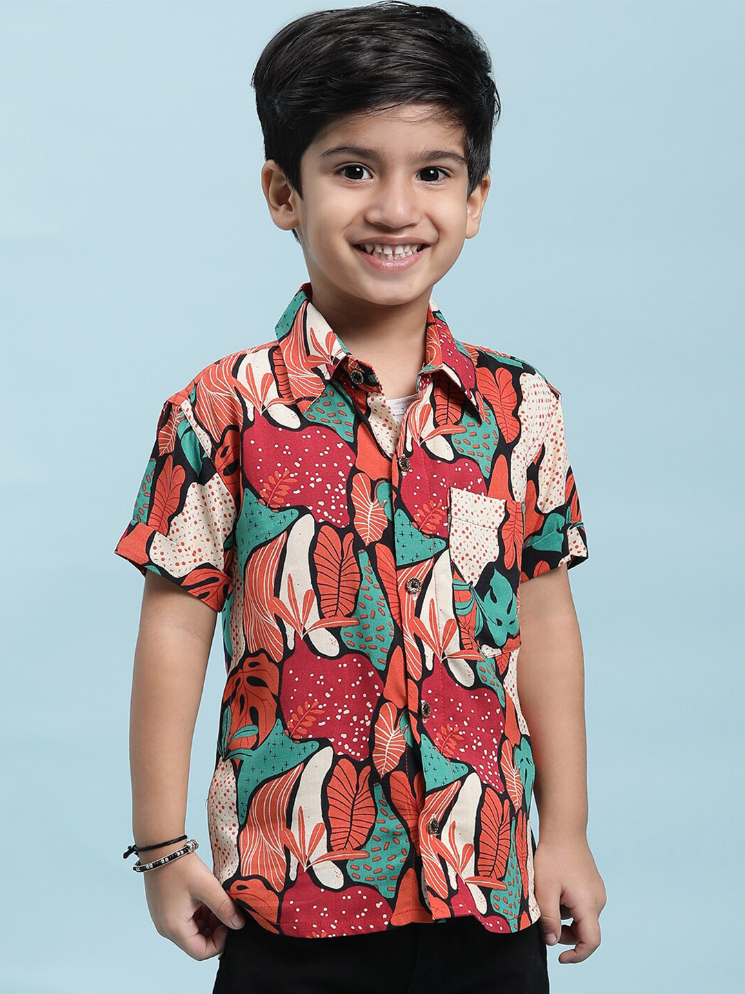 Stuffie Land Boys Red Smart Floral Opaque Printed Party Shirt