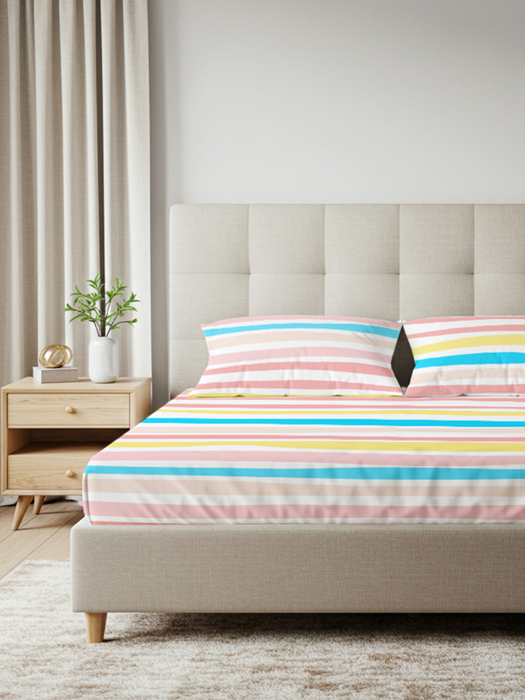 URBAN SPACE Serene White Striped Pure Cotton Wrinkle Free 200 TC Fitted King Fine Bedsheet with 2 Pillow Covers-182 x 198 cm