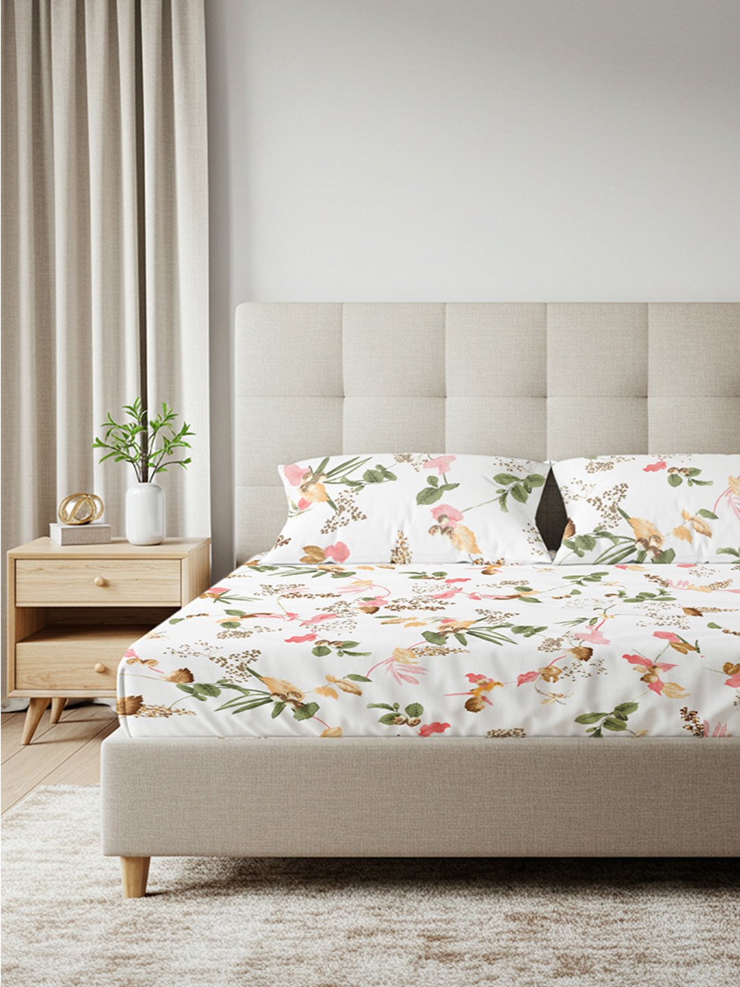 URBAN SPACE Serene White Floral Cotton 200 TC Queen Fine Bedsheet with 2 Pillow Covers-88 x 100 inches