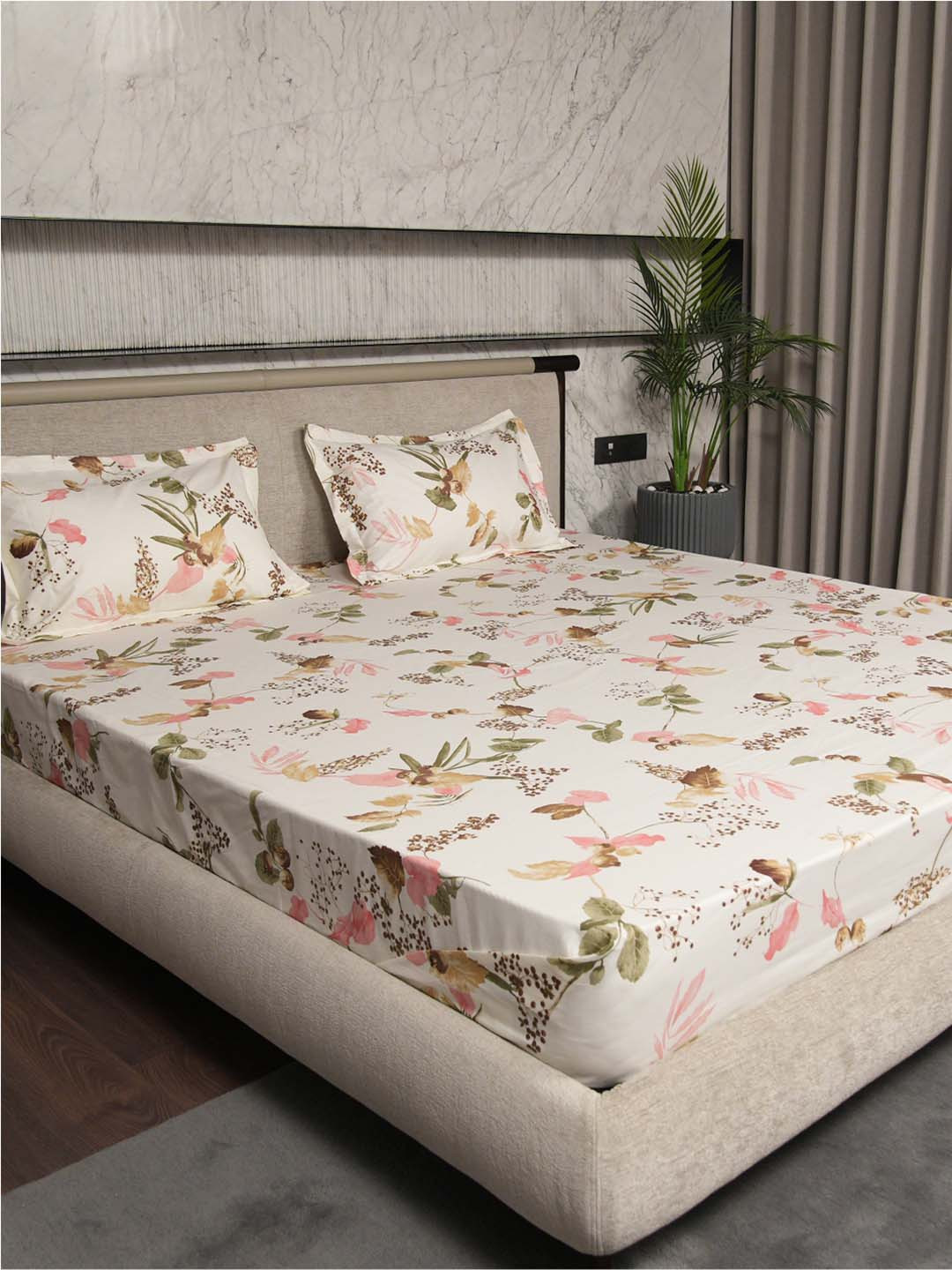 URBAN SPACE Cherry Blossom White Floral Pure Cotton Breathable 200 TC Double Fine Bedsheet with a Pillow Cover-87 x 93 inches