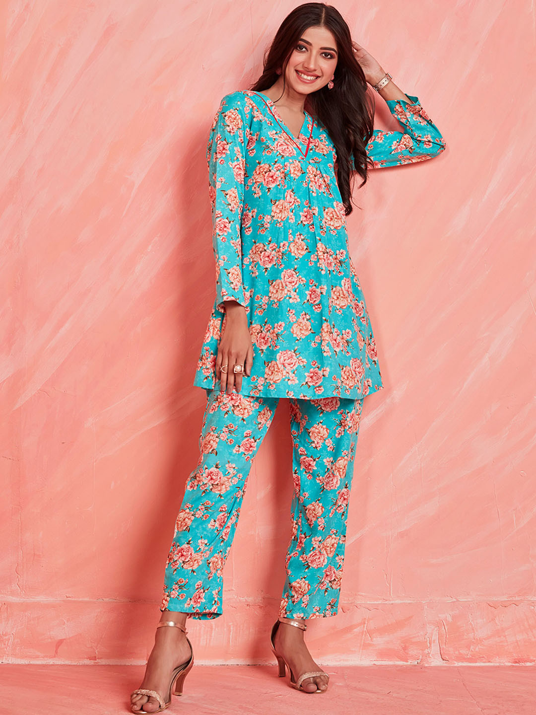 Sangria Sea Green Printed Tunic & Trouser Co-Ord Set