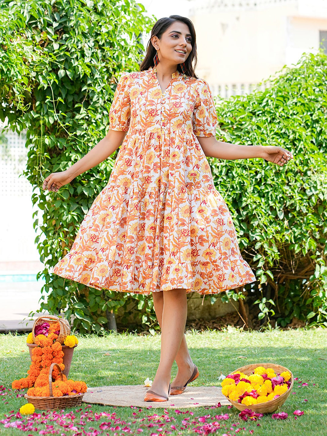 GULAB CHAND TRENDS Yellow Floral Print Fit & Flare Dress