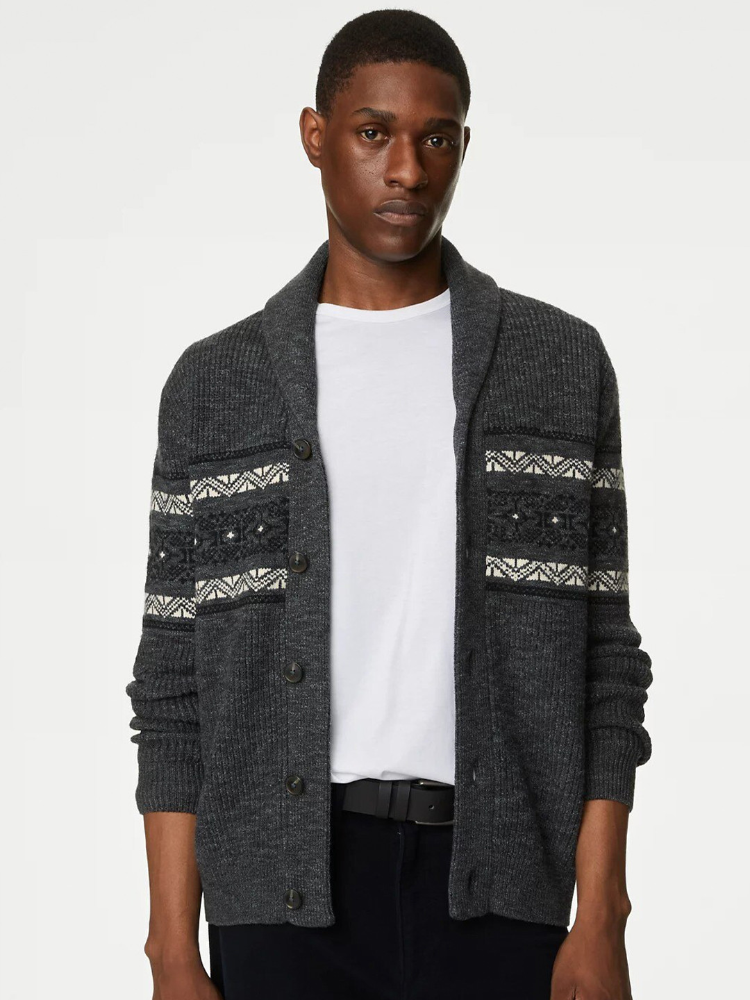 Marks & Spencer Fair Isle Printed Shawl Collar Cardigan Sweater