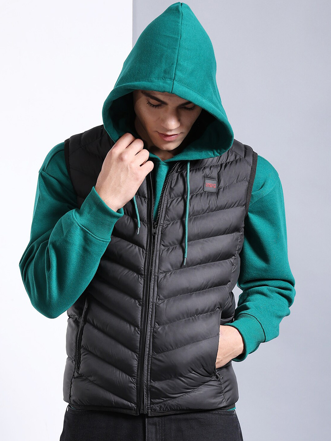 The Indian Garage Co Men Black Outdoor Bomber with Patchwork Jacket
