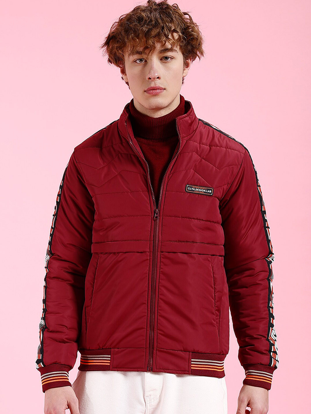 The Indian Garage Co Men Maroon Camouflage Colourblocked Crop Outdoor Puffer Jacket with Patchwork
