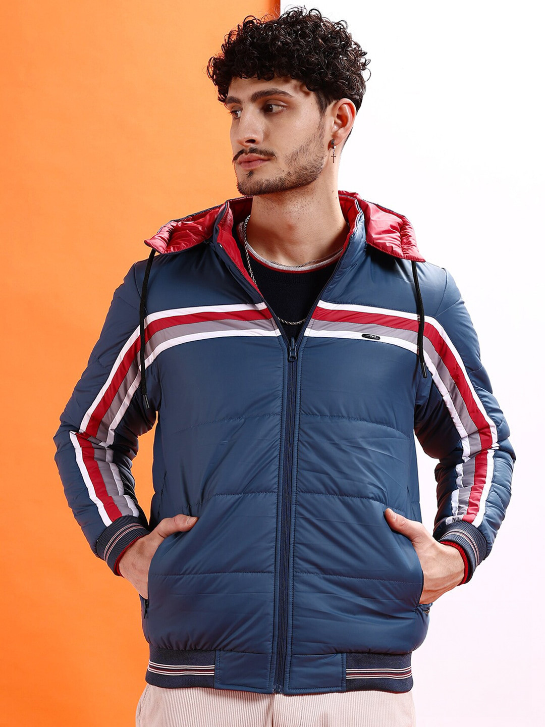 The Indian Garage Co Men Blue Reversible Outdoor Varsity Jacket
