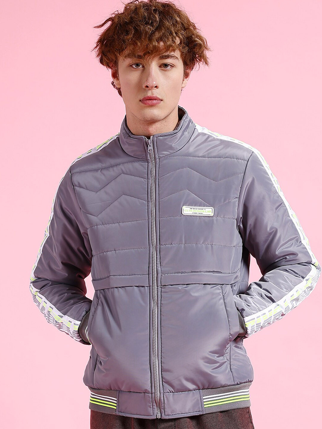 The Indian Garage Co Grey Striped Stand Collar Padded Jacket