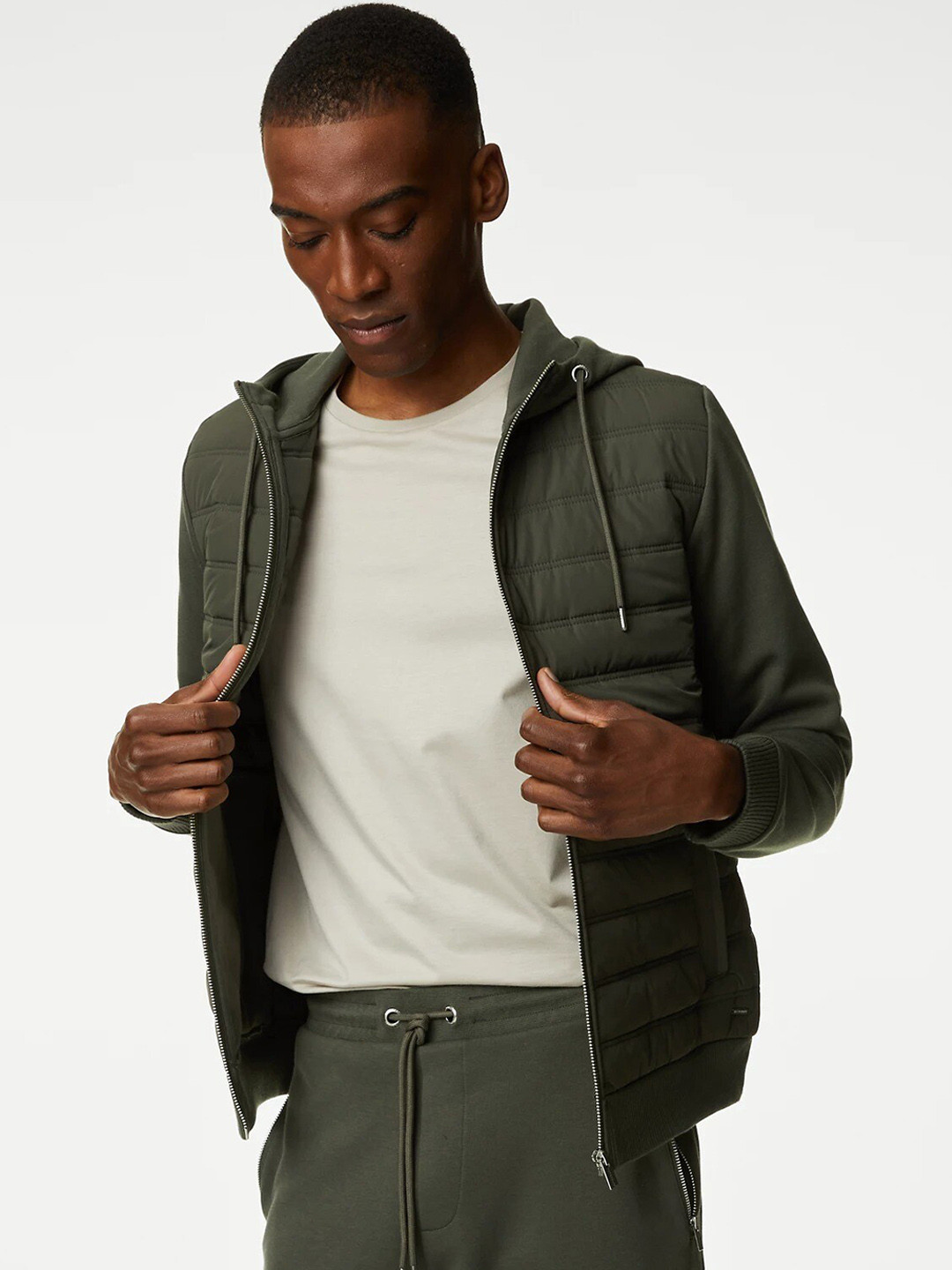 Marks & Spencer Men Khaki Striped Longline Puffer Jacket