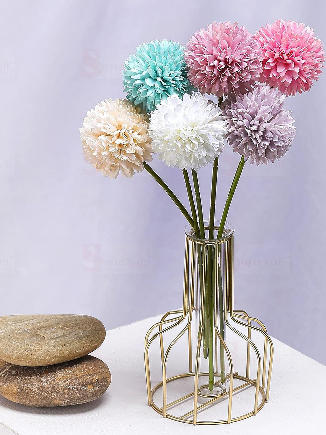Satyam Kraft Purple & Pink 5 Pieces Artificial Chrysanthemum Ball Hydrangea Flowers
