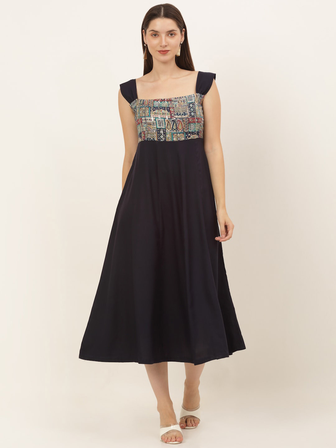KALINI Navy Blue Print Empire Midi Dress