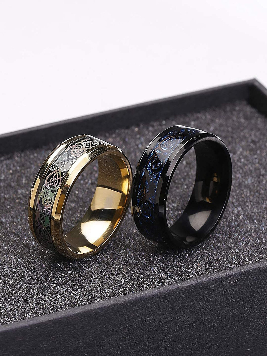 Yellow Chimes Men Set Of 2 Dragon Celtic Inlay Polish Finish Titanium Finger Rings