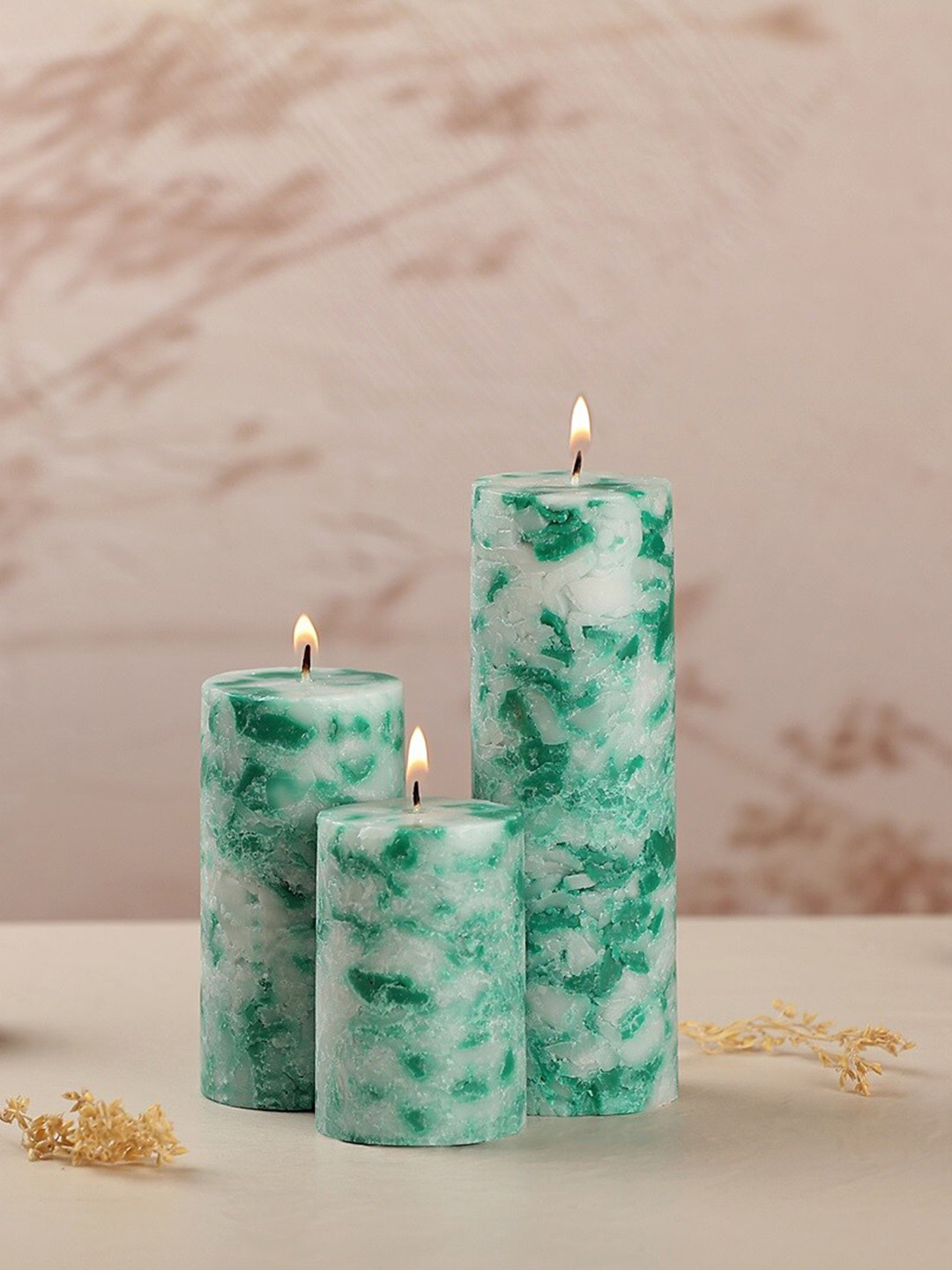 Parkash Candles Marble Finish Paraffin Wax 3Pcs Green Apple Solid Pillar Candles