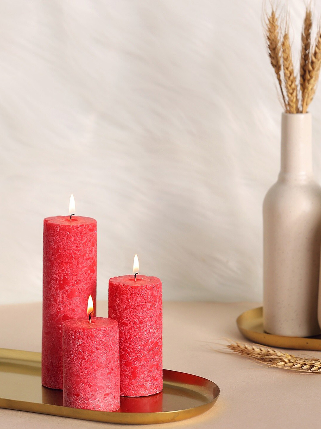 Parkash Candles Marble Finish Paraffin Wax 3Pcs Rose Solid Tapered Regular Pillar Candles