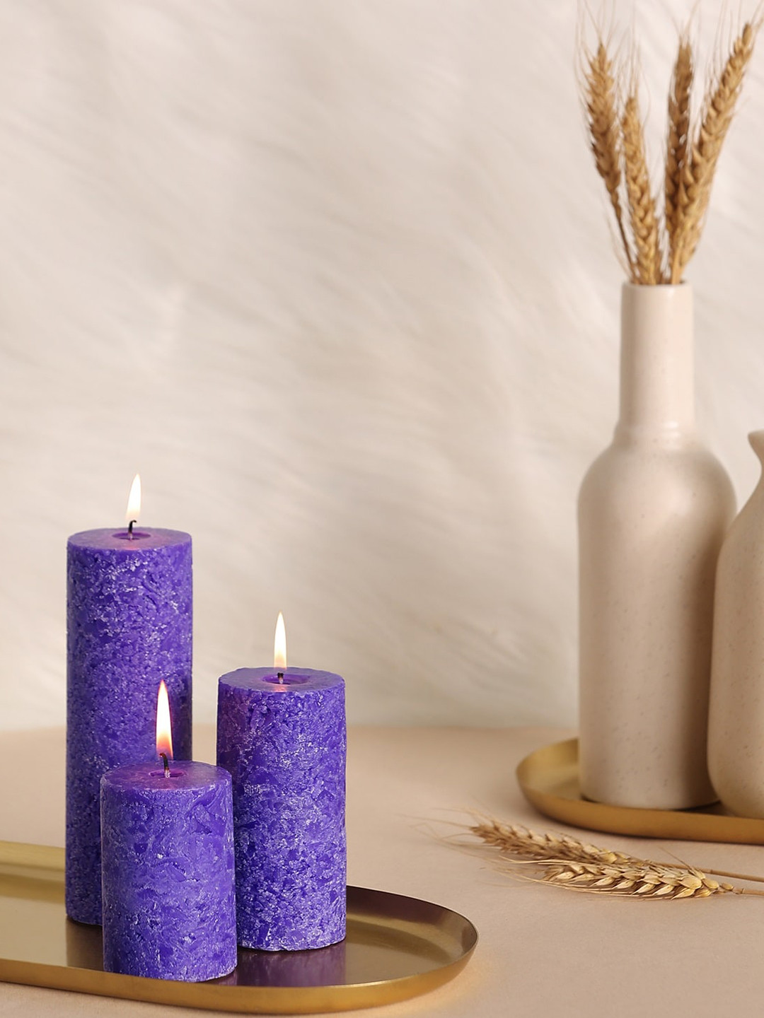Parkash Candles Marble Finish 3Pcs 1 Wick Lavender Solid Tapered Regular Pillar Candles