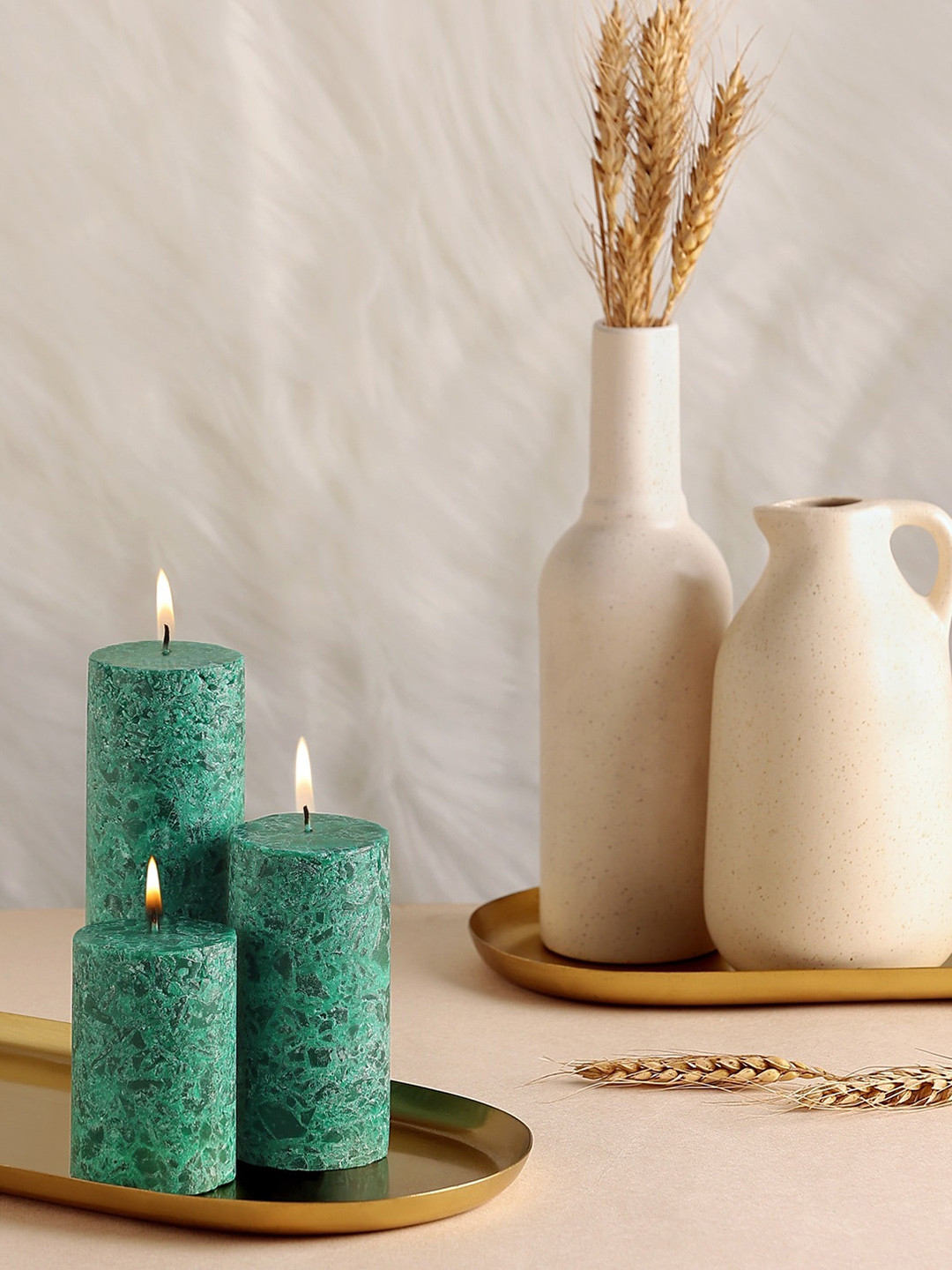 Parkash Candles Marble Finish Paraffin Wax 3Pcs Mogra Solid Tapered Regular Pillar Candles