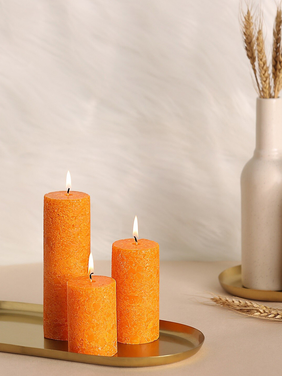 Parkash Candles Marble Finish 3Pcs 1 Wick Sandal Solid Tapered Regular Pillar Candles