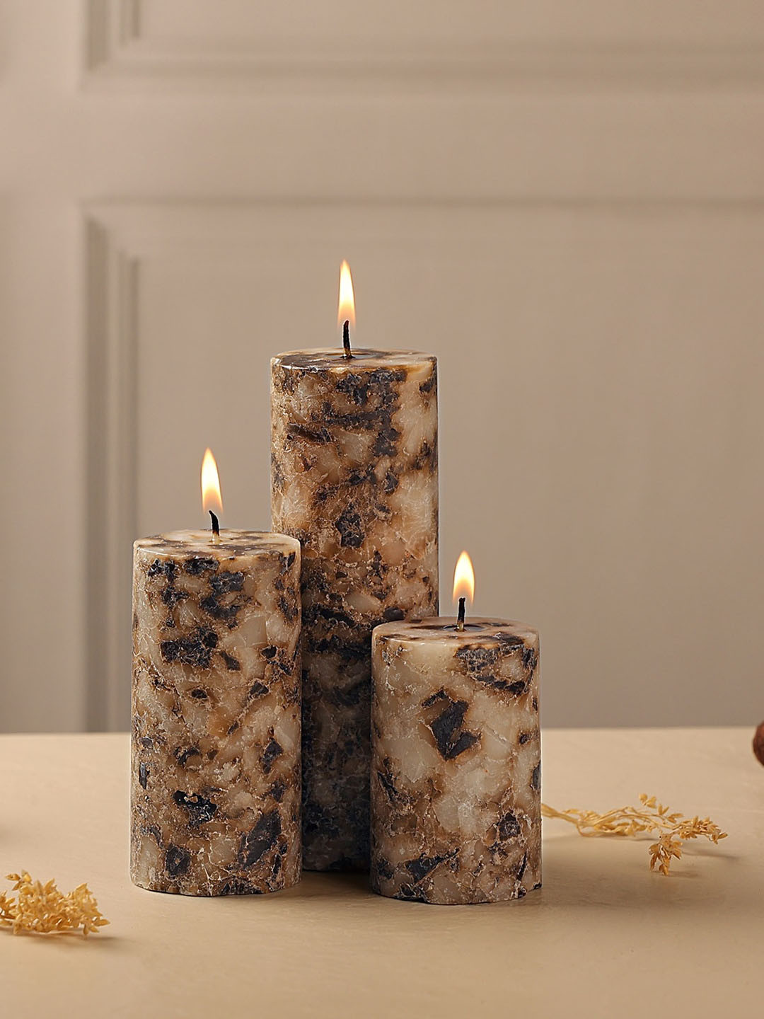 Parkash Candles Marble Finish 3Pcs Scented 1 Wick Scented Tapered Regular Pillar Candles