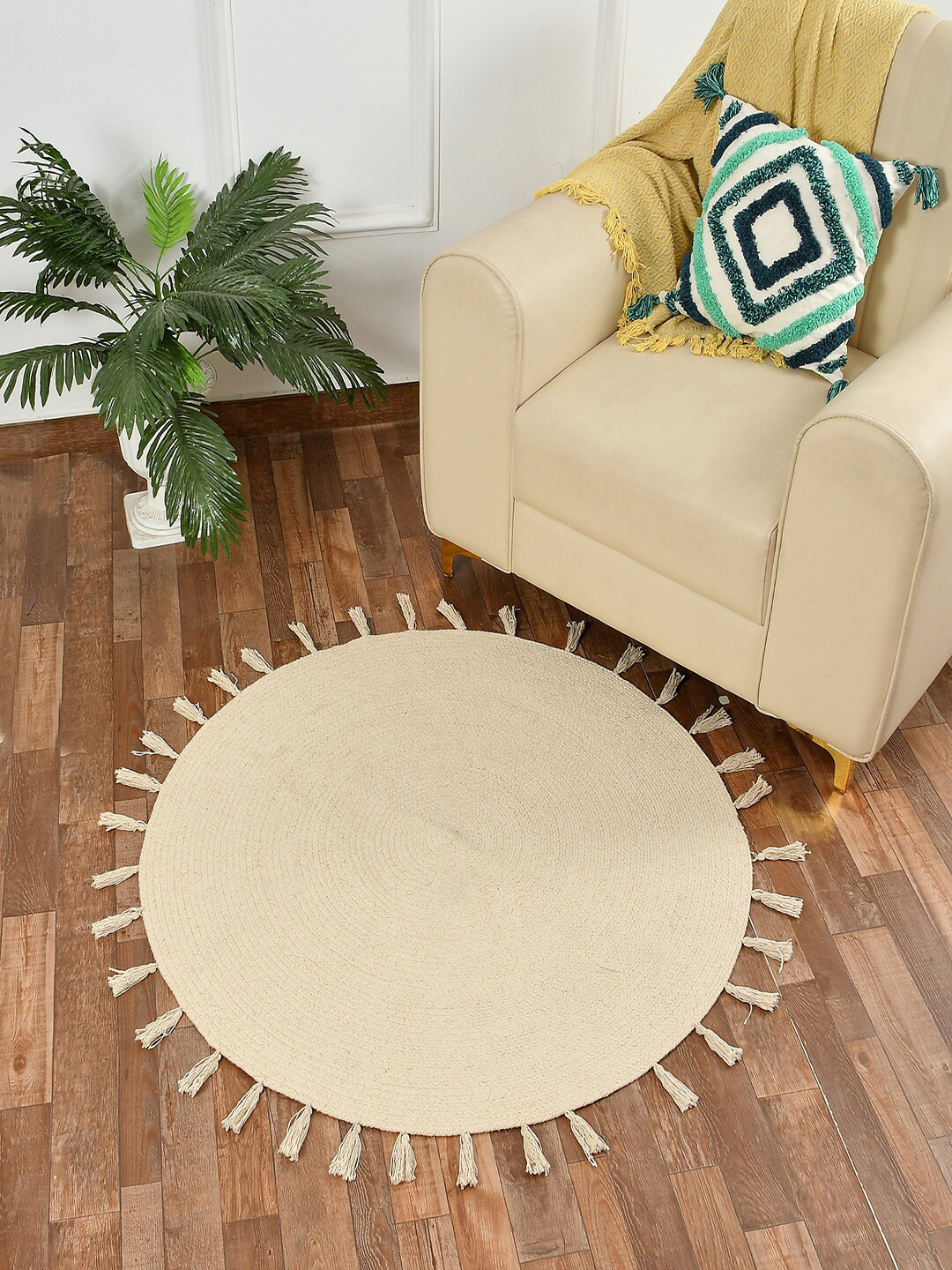 COMFIDELITAS Beige Printed Cotton Round Carpet